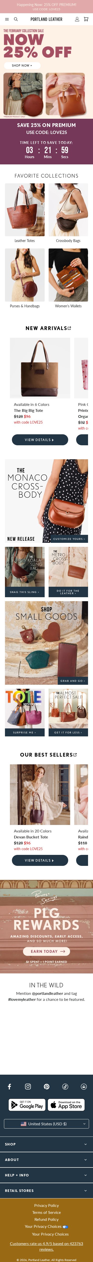 Portland Leather Goods mobile website screenshot