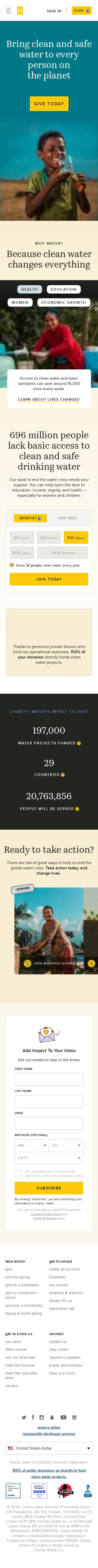 charity: water mobile website screenshot