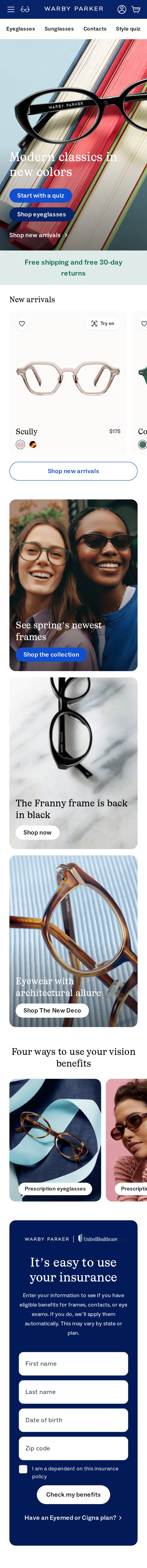 Warby Parker mobile website screenshot