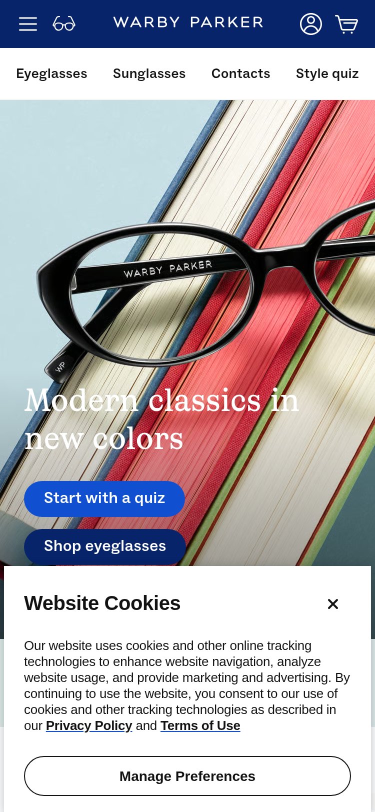 Warby Parker mobile website screenshot